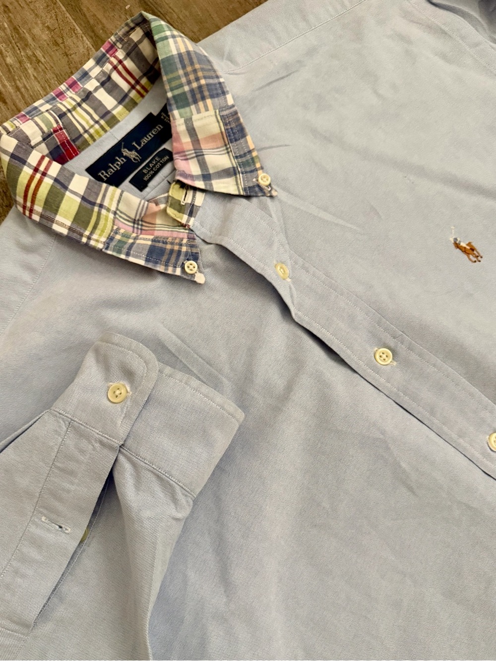 Ralph Lauren Light Blue Button-Down Shirt with Multicolor Plaid Collar